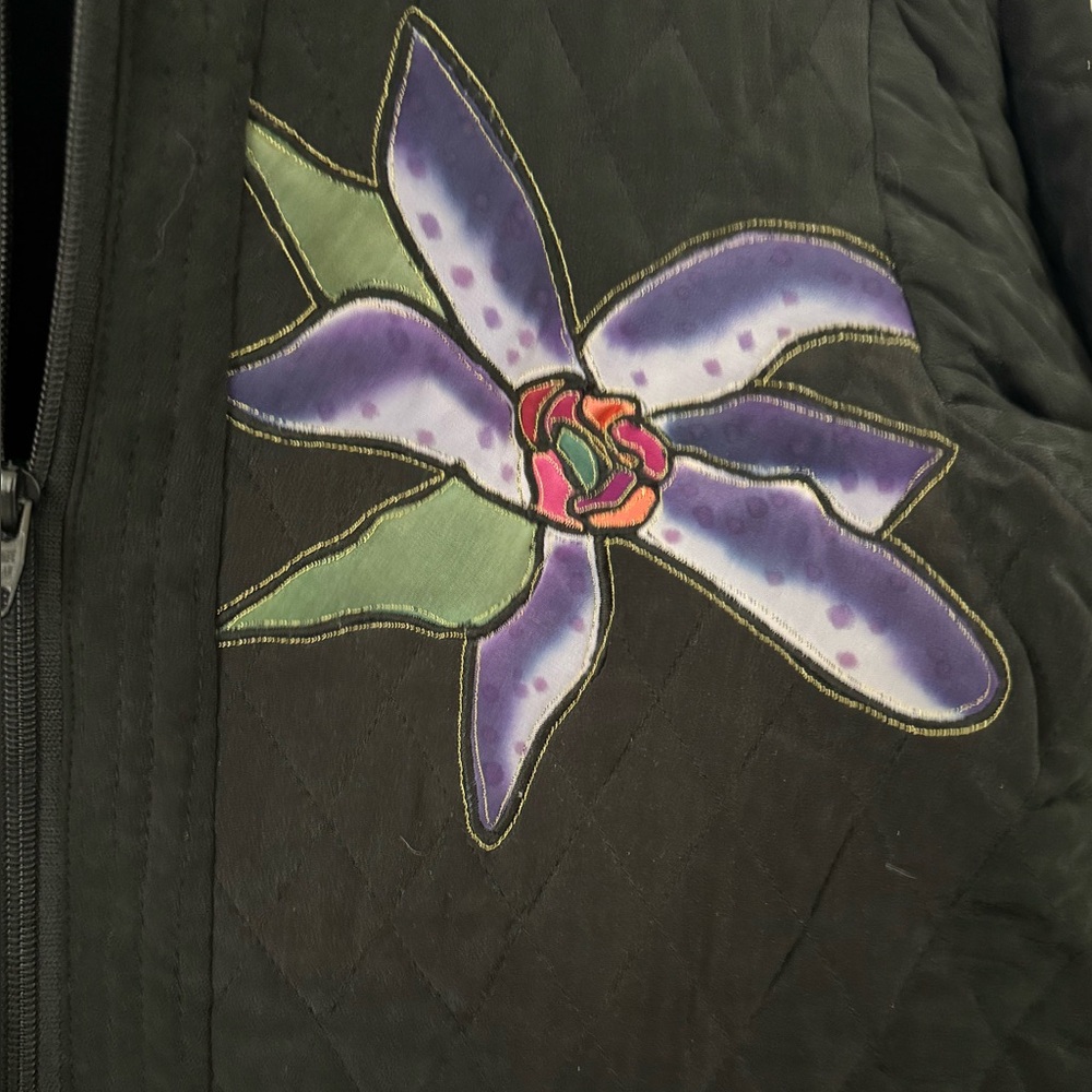 BOGO 🔥🌞Vintage Silk Scapes Floral Embroidered Black Jacket w/Scarf - Picture 3 of 10